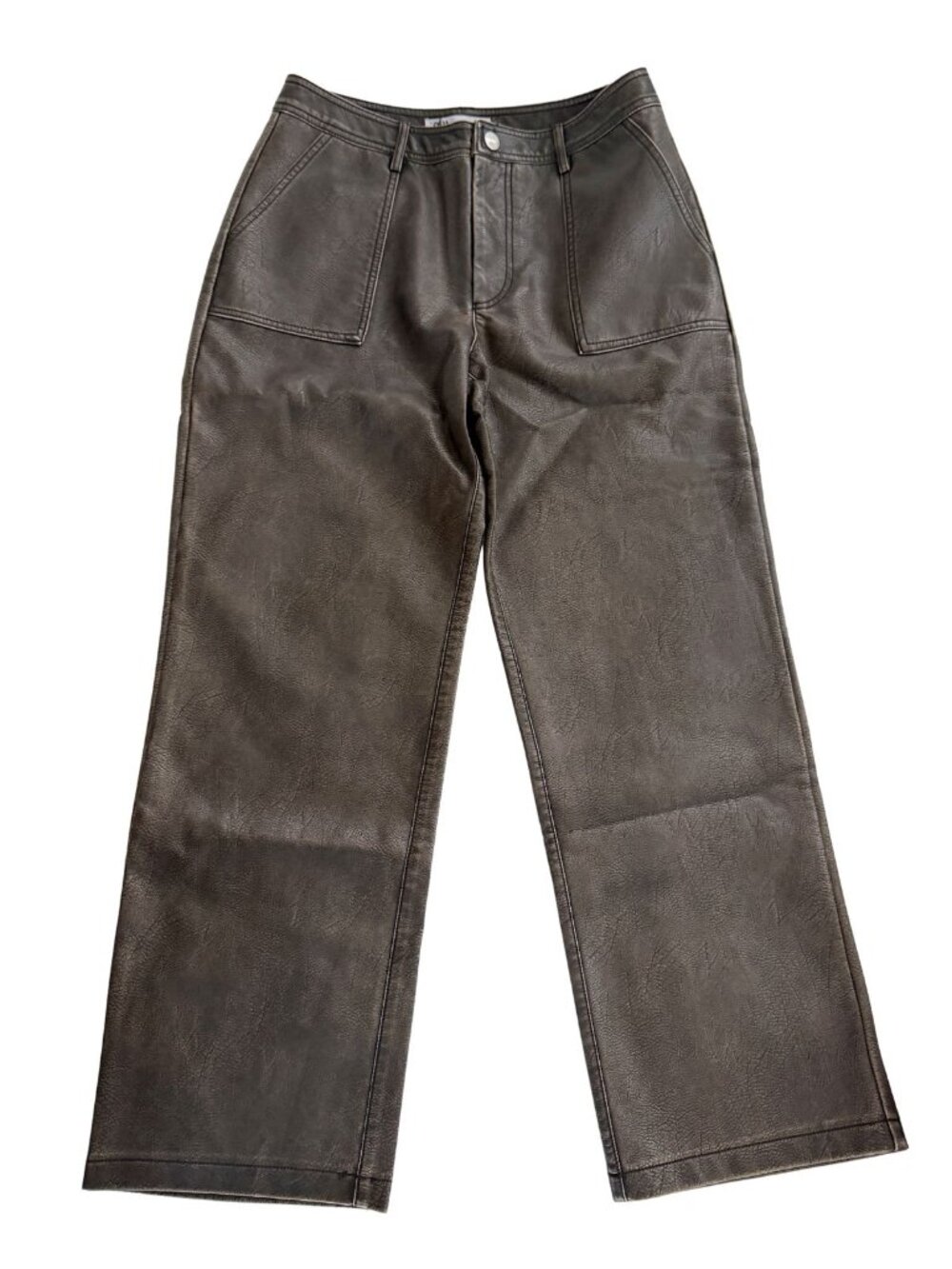 Zara Faux Leather Straight Leg Trousers Brown Distressed Size 6 NWT